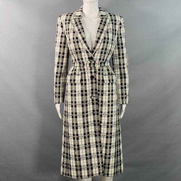 MICHAEL KORS COLLECTION Size 2 Black White Cotton Wool Plaid Studded Belted Coat - Picture 1 of 8